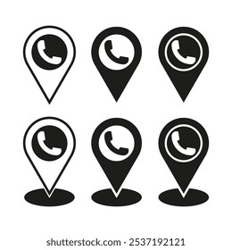 Phone marker icons. Geolocation symbol set. Black pointer shapes. Communication icon design.