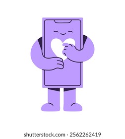 Phone mascot clicks on like in the Internet. Happy smartphone presses with finger on love symbol on screen. Telephone character with heart sign. Flat isolated vector illustration on white background