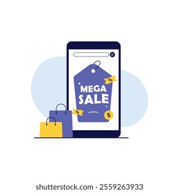 Phone with Mega Sale Offer Banner and Shopping Bag Vector Illustration. Mega Sale Concept Design