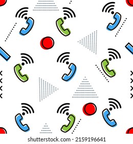 Phone memphis pattern. Seamless pattern with phone icon. Design for wall decoration, postcard, poster, brochure, shirt, etc