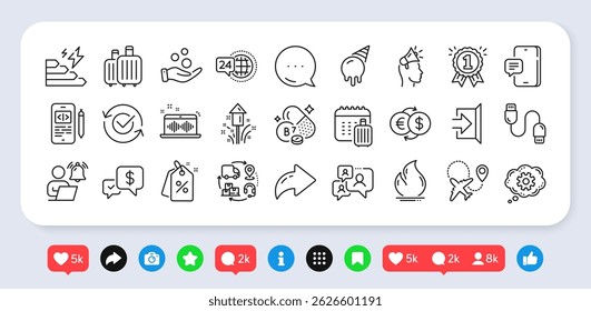 Phone message, Discount tags and Baggage calendar line icons pack. Social media: share, comment, like icons. Approved, Brand ambassador, Fire energy web icon. Vector