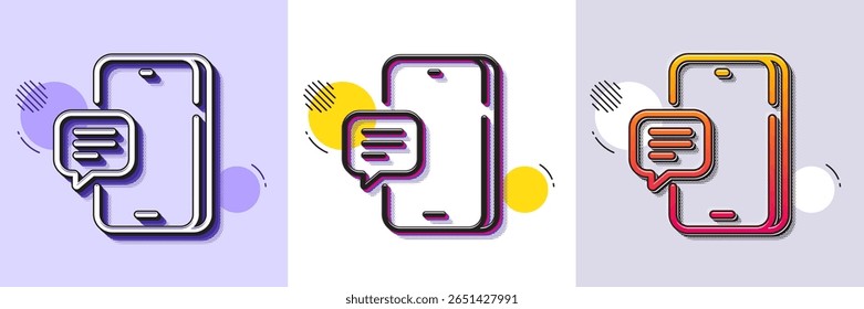 Icono de línea de mensaje telefónico. Patrón punteado de semitono. Icono de degradado con sombra de grano. Signo de Smartphone o Celular. Símbolo de accesorios móviles. Icono de mensaje telefónico de línea. Varios diseños. Vector