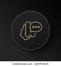 Phone with a message line icon. Hand holding phone, speech bubble, dots, texting, notification, send, alert, reminder. Means of communication concept. Vector line icon for Business and Advertising.
