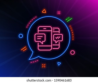 Phone Message line icon. Neon laser lights. Mobile chat sign. Conversation or SMS symbol. Glow laser speech bubble. Neon lights chat bubble. Banner badge with smartphone SMS icon. Vector