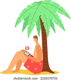 Telefonische Nachricht für den Menschen am Strand, Internetkommunikation unter Palmen, Vektorgrafik. Jugendcharakter in Liebesbeziehungen
