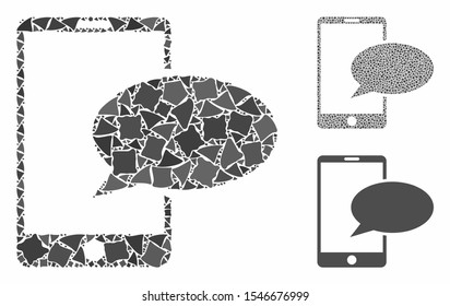 Phone message mosaic of humpy pieces in variable sizes and color tones, based on phone message icon. Vector uneven pieces are organized into collage. Phone message icons collage with dotted pattern.