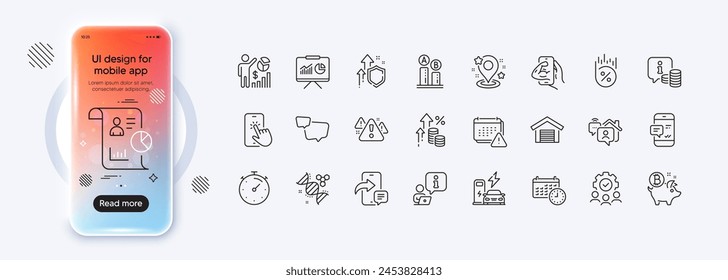 Phone message, Speech bubble and Fitness line icons for web app. Phone mockup gradient screen. Pack of Loan percent, Work home, Calendar pictogram icons. Vector