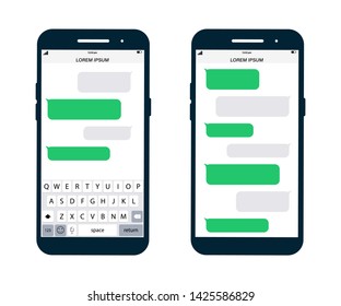 Phone Message Template. Smartphone, chatting sms app template bubbles. Place your own text to the message clouds. Social network messenger page template. Composed dialogues using samples bubbles