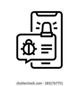 mensaje de teléfono con el vector de icono de la línea de alarma de virus. mensaje de teléfono con señal de alarma de virus. símbolo de contorno aislado ilustración negra