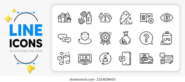 Phone message, Warning and Person info line icons set for app include Online video, Account, Dots message outline thin icon. Reject book, Question mark, Cash pictogram icon. Vector