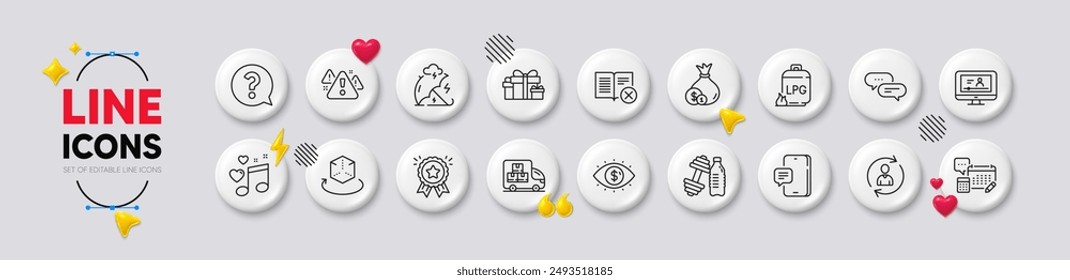 Phone message, Warning and Person info line icons. White buttons 3d icons. Pack of Online video, Account, Dots message icon. Reject book, Question mark, Cash pictogram. Vector