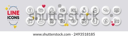 Phone message, Warning and Person info line icons. White buttons 3d icons. Pack of Online video, Account, Dots message icon. Reject book, Question mark, Cash pictogram. Vector