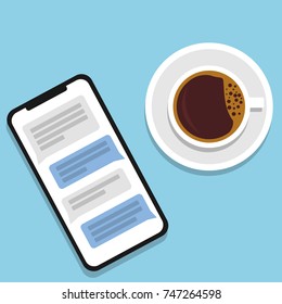 Phone with messages beside to coffee