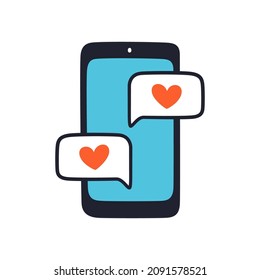 Phone with messages of love. Hand drawn cute smartphone with hearts. Declaration of love. Hand drawn message on Valentines Day. Vector illustration isolated on white background.