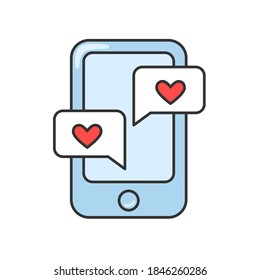 Phone with messages of love icon. Isolated vector illustration on white background. Editable stroke