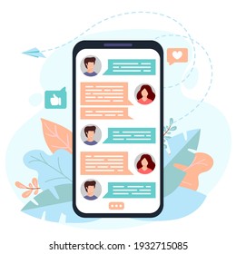 Phone with messages on screen. Chatting with friends in mobile application. Communication concept. Vector illustration