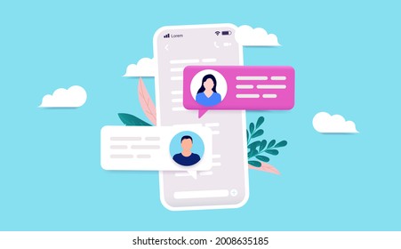 Phone messaging - Smartphone with text messages between two people, man and woman. Vector illustration