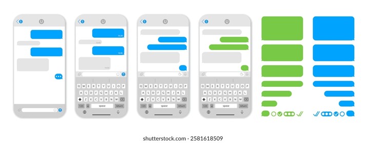 Phone messaging with speech bubble. Chat message app for smartphone. Dialogue bubbles, smartphone chatting sms template bubbles.