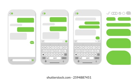 Phone messaging with speech bubble. Chat message app for smartphone. Dialogue bubbles, smartphone chatting sms template bubbles.