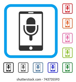 Phone Microphone icon. Flat grey pictogram symbol inside a blue rounded rectangle. Black, gray, green, blue, red, orange color versions of Phone Microphone vector. Designed for web and software UI.