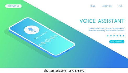 A phone with a microphone icon and a voice assistant or voice message. Landing page with gradient vector isometric illustration for technology theme.