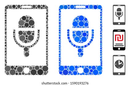 Phone microphone mosaic of small circles in variable sizes and color hues, based on phone microphone icon. Vector small circles are organized into blue mosaic.