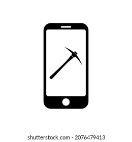 Teléfono con símbolo de icono de pickaxe minero para aplicaciones y web