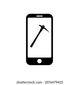 Phone with mining pickaxe icon symbol for app and web