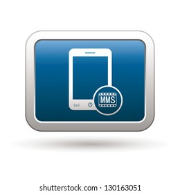 Phone with mms menu icon on the blue with silver rectangular button. Vector illustration