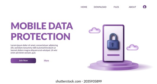 phone mobile data protection. personal privacy security. 3d icon padlock cute vector illustration with podium product display