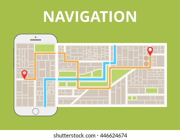 Phone with mobile gps navigation. Finding the way concept. Flat vector illustration.