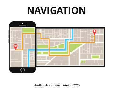 Phone with mobile gps navigation. Finding the way concept. Flat vector illustration.