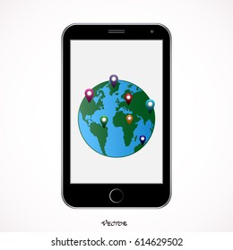 Phone with mobile gps navigation. Finding the way concept. gadget, Flat vector illustration.