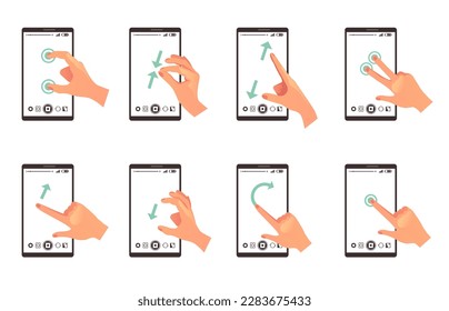 Phone mobile hand tap gesture tablet smartphone finger touchscreen zoom isolated set. Vector graphic design illustration