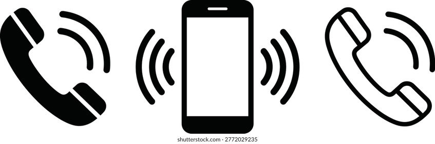 Phone and mobile handset icons with ringing signal waves, representing telecommunications, contact us support, digital communication, calling technology, and customer service.