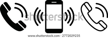 Phone and mobile handset icons with ringing signal waves, representing telecommunications, contact us support, digital communication, calling technology, and customer service.
