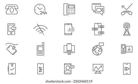 Phone mobile icon collection. Telephone, call, ring, chat, support, message, smartphone, communication,cell phone and contact line icon set. UI outline icons pack 