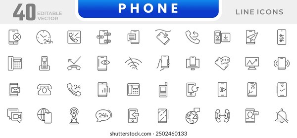 Phone mobile icon collection. Telephone, call, ring, chat, support, message, smartphone, communication,cell phone and contact line icon set. UI outline icons pack 
