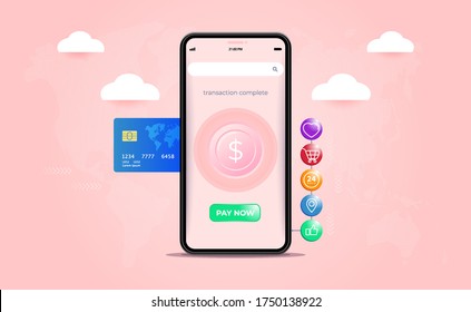 Phone with a mobile interface of the online payment, ATM, money transfers, financial transactions and digital financial services. mobile banking. falling Money on the Mobile ATM. vector illustration