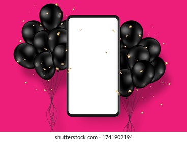 Phone mobile mockup black color with blank screen decorated with balloon black isolated on pink background. Vector illustration.