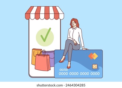 Phone for mobile shopping and woman shopper sitting on credit card to pay for online purchases. Smartphone with digital supermarket for internet shopping and ordering goods with targeted delivery