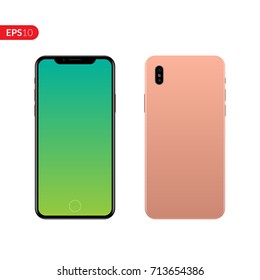 Phone, mobile, smartphone mockup isolated on white background with gradient screen. Back and front  view realistic vector illustration phone with rose color. svg