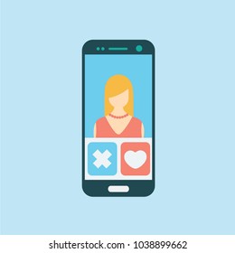 phone mobile vector flat design. virtual people & relationship or dating. date cartoon isolated. blonde woman female on a screen & touch. love heart internet & in social media. choose your one tinder