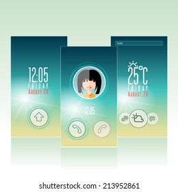 phone Mobile Weather Widget Interface icon and Wallpaper Background Vector Design Template with avatar. Graphic design easy editable for Your design. Modern screen icon set.