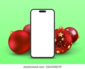 Phone mock up with Christmas balls decorations for app presentation with empty screen