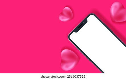 Phone mock up on pink background with 3d hearts. Mock-up smartphone with white empty screen. Cellular with pink candy hearts. Display for valentine's day, date, letter, message. Vector love cellphone.