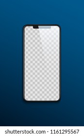 Phone mock up with transparent screen on blue background. Vector template.