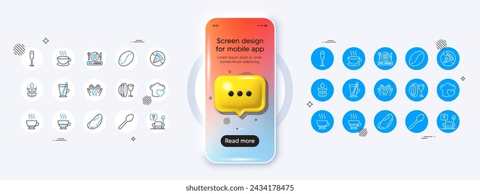 Phone mockup with 3d chat icon. Espresso, Love cooking and Pre-order food line icons. Pack of Gluten free, Coffee, Doppio icon. Spoon, Brazil nut, Cappuccino pictogram. Vector