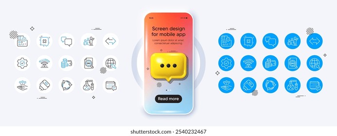 Maqueta de teléfono con icono de chat en 3D. Tarjeta, archivo Seo y Ejecutar iconos de línea. Paquete de burbuja de discurso, consolidación, icono de reciclaje. Liderazgo, Internet, pictograma de laboratorio de química. Rechazar, Sincronizar, Mensaje. Vector