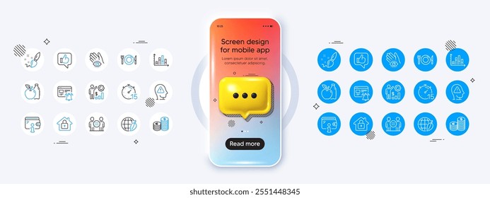 Maqueta de teléfono con icono de chat en 3D. Iconos de línea de salud mental, temporizador y billetera. Paquete de moneda, comida, icono de ojo de meditación. Manzana, pincel de pintura, pictograma del día del medio ambiente. Vector
